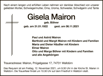 Traueranzeige von Gisela Mairon von Fränkische Nachrichten