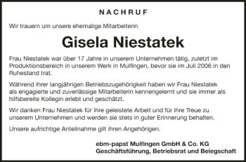 Traueranzeige von Gisela Niestatek von Fränkische Nachrichten