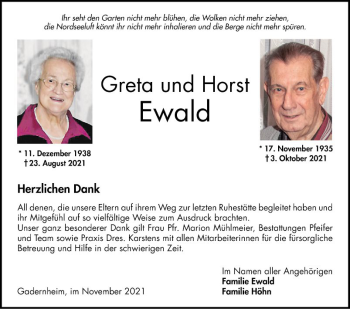 Traueranzeige von Greta Ewald von Bergsträßer Anzeiger