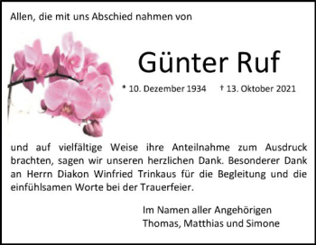 Traueranzeige von Günter Ruf von Mannheimer Morgen