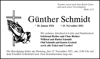 Traueranzeige von Günther Schmidt von Schwetzinger Zeitung