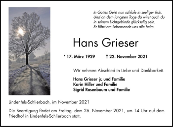 Traueranzeige von Hans Grieser von Bergsträßer Anzeiger