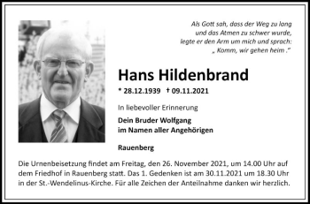 Traueranzeige von Hans Hildenbrand von Fränkische Nachrichten