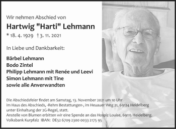 Traueranzeige von Hartwig Lehmann von Mannheimer Morgen