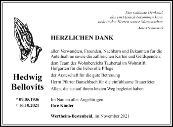 Traueranzeige von Hedwig Bellovits von Fränkische Nachrichten