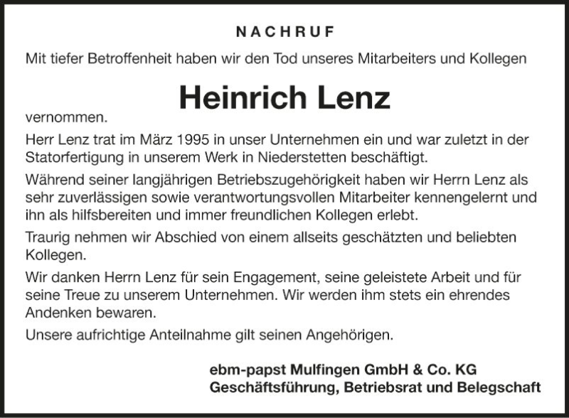  Traueranzeige für Heinrich Lenz vom 17.11.2021 aus Fränkische Nachrichten