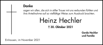 Traueranzeige von Heinz Hechler von Bergsträßer Anzeiger