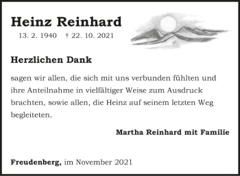 Traueranzeige von Heinz Reinhard von Fränkische Nachrichten