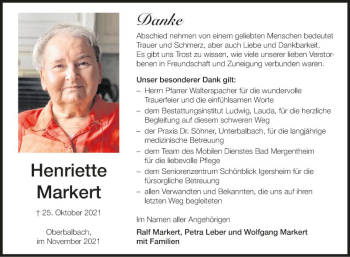 Traueranzeige von Henriette Markert von Fränkische Nachrichten