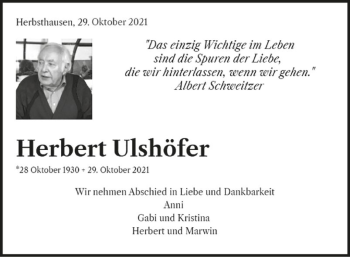 Traueranzeige von Herbert Ulshöfer von Fränkische Nachrichten