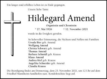 Traueranzeige von Hildegard Amend von Mannheimer Morgen