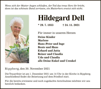 Traueranzeige von Hildegard Dell von Fränkische Nachrichten