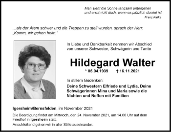 Traueranzeige von Hildegard Walter von Fränkische Nachrichten