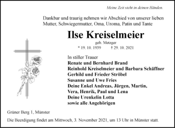 Traueranzeige von Ilse Kreiselmeier von Fränkische Nachrichten