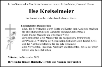 Traueranzeige von Ilse Kreiselmeier von Fränkische Nachrichten