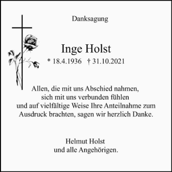 Traueranzeige von Inge Holst von Mannheimer Morgen