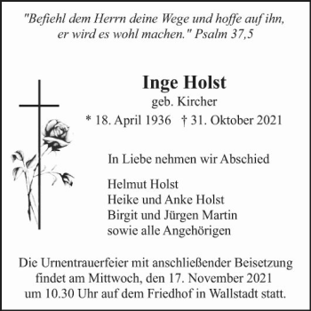 Traueranzeige von Inge Holst von Mannheimer Morgen