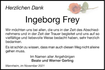 Traueranzeige von Ingeborg Frey von Mannheimer Morgen