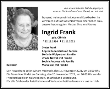 Traueranzeige von Ingrid Frank von Fränkische Nachrichten