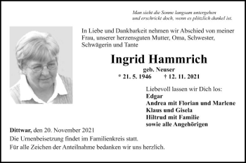 Traueranzeige von Ingrid Hammrich von Fränkische Nachrichten