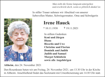 Traueranzeige von Irene Hauck von Fränkische Nachrichten