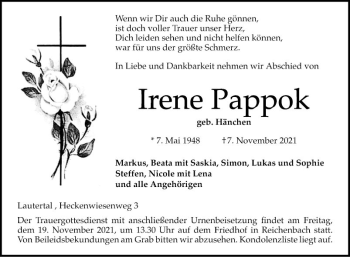 Traueranzeige von Irene Pappok von Bergsträßer Anzeiger