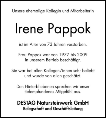 Traueranzeige von Irene Pappok von Bergsträßer Anzeiger