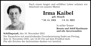 Traueranzeige von Irma Kaibel von Fränkische Nachrichten