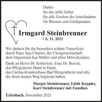 Traueranzeige von Irmgard Steinbrenner von Fränkische Nachrichten