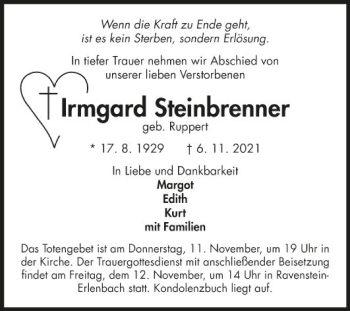 Traueranzeige von Irmgard Steinbrenner von Fränkische Nachrichten