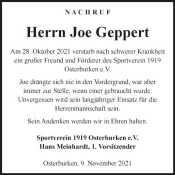 Traueranzeige von Joe Geppert von Fränkische Nachrichten