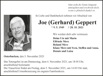 Traueranzeige von Joe Geppert von Fränkische Nachrichten