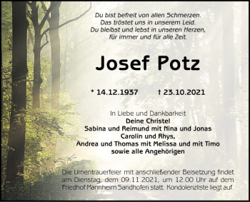 Traueranzeige von Josef Potz von Mannheimer Morgen