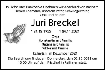 Traueranzeige von Juri Breckel von Schwetzinger Zeitung