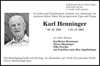 Traueranzeige von Karl Henninger von Fränkische Nachrichten