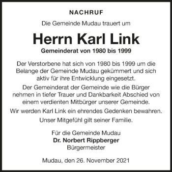 Traueranzeige von Karl Link von Fränkische Nachrichten