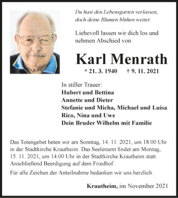 Traueranzeige von Karl Menrath von Fränkische Nachrichten