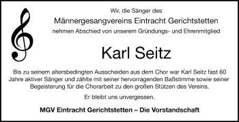 Traueranzeige von Karl Seitz von Fränkische Nachrichten