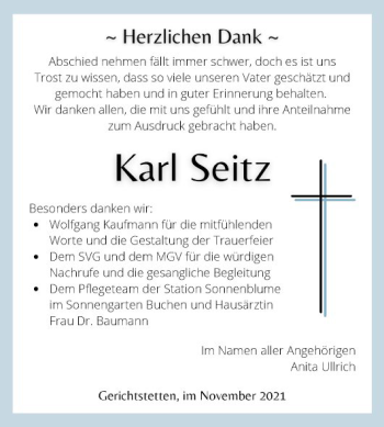 Traueranzeige von Karl Seitz von Fränkische Nachrichten