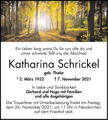 Traueranzeige von Katharina Schrickel von Bergsträßer Anzeiger