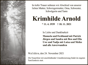 Traueranzeige von Kriemhilde Arnold von Fränkische Nachrichten