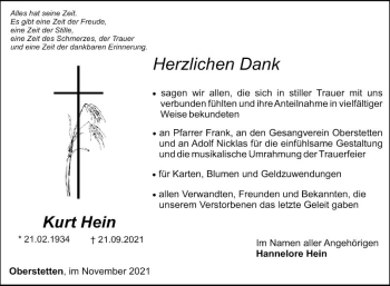 Traueranzeige von Kurt Hein von Fränkische Nachrichten