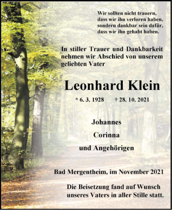 Traueranzeige von Leonhard Klein von Fränkische Nachrichten