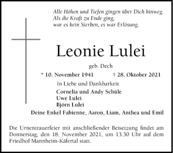 Traueranzeige von Leonie Lulei von Mannheimer Morgen