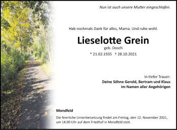 Traueranzeige von Lieselotte Grein von Fränkische Nachrichten