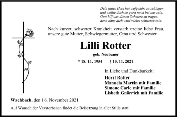 Traueranzeige von Lilli Rotter von Fränkische Nachrichten