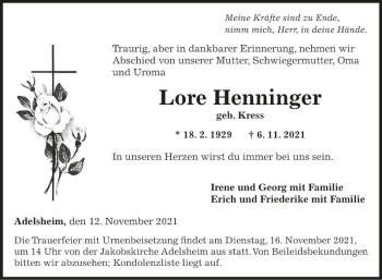 Traueranzeige von Lore Henninger von Fränkische Nachrichten