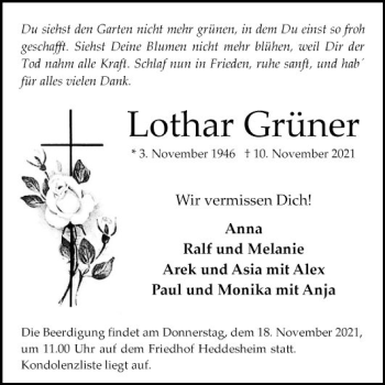 Traueranzeige von Lothar Grüner von Mannheimer Morgen