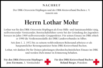 Traueranzeige von Lothar Mohr von Fränkische Nachrichten