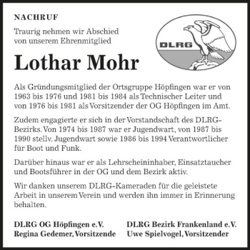 Traueranzeige von Lothar Mohr von Fränkische Nachrichten